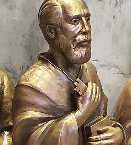 Mary and the 12 Apostles, bronze sculpture, detail of St. Peter