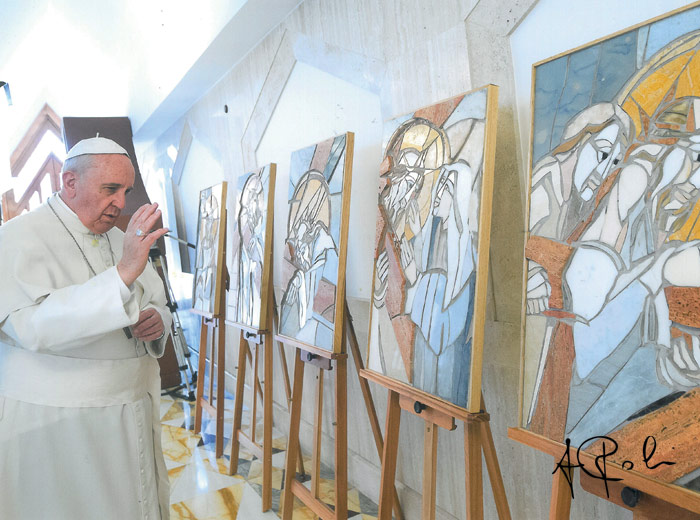 Pope Francis blesses the Stations of the Cross in mosaic
